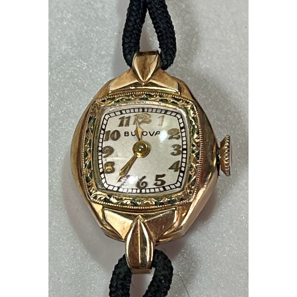 1940’s BULOVA Art Deco 10K Rolled Gold Plate Ladies Wrist Watch Cord Band READ - Picture 10 of 16
